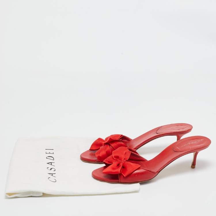 Pre Owned Casadei Red Leather and Fabric Bow Slide Sandals Size 39
