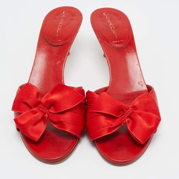 Pre Owned Casadei Red Leather and Fabric Bow Slide Sandals Size 39