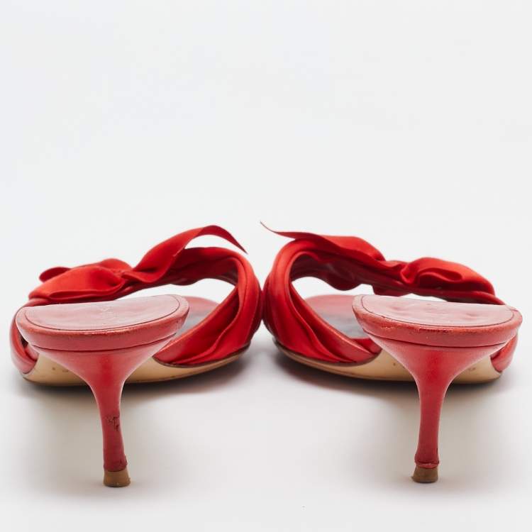 Pre Owned Casadei Red Leather and Fabric Bow Slide Sandals Size 39