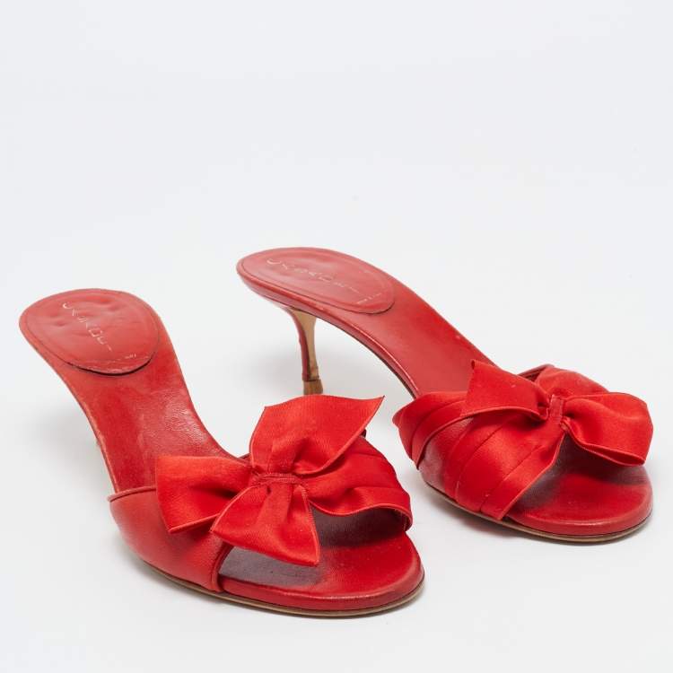 Pre Owned Casadei Red Leather and Fabric Bow Slide Sandals Size 39