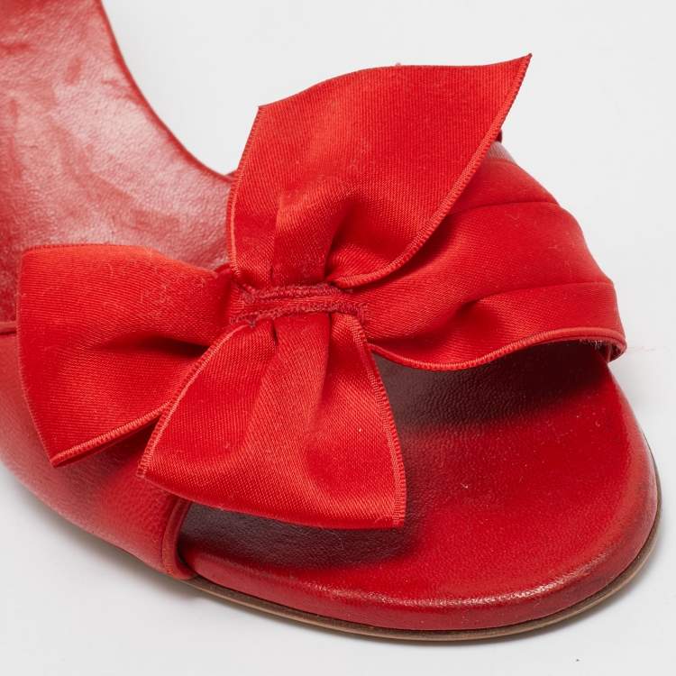 Pre Owned Casadei Red Leather and Fabric Bow Slide Sandals Size 39