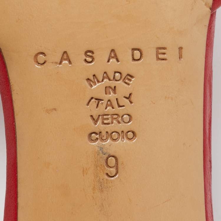 Pre Owned Casadei Red Leather and Fabric Bow Slide Sandals Size 39