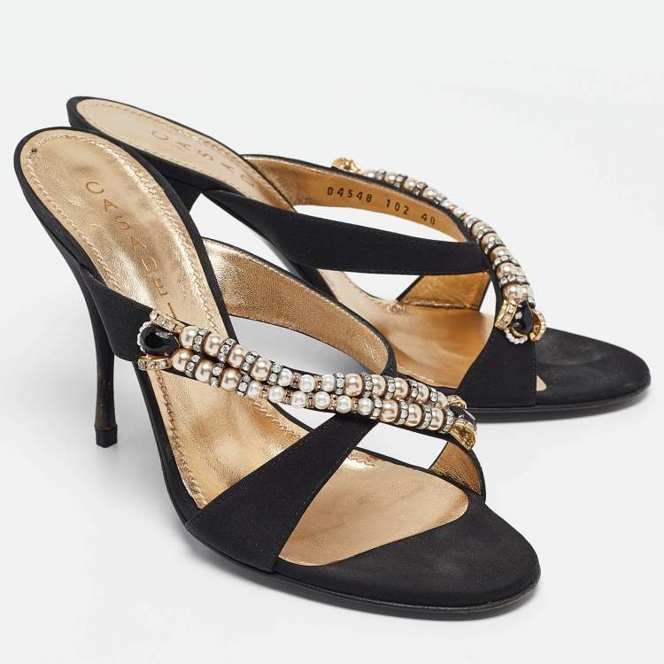Pre Owned Casadei Black Canvas Crystal Embellished Slide Sandals Size 40