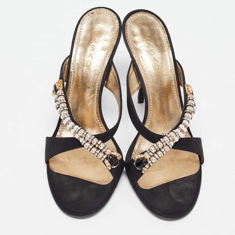 Pre Owned Casadei Black Canvas Crystal Embellished Slide Sandals Size 40