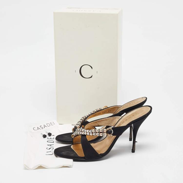 Pre Owned Casadei Black Canvas Crystal Embellished Slide Sandals Size 40