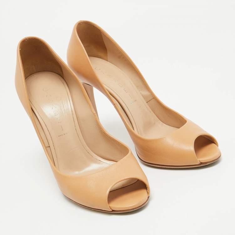 Pre Owned Casadei Beige Leather Peep Toe Pumps Size 38