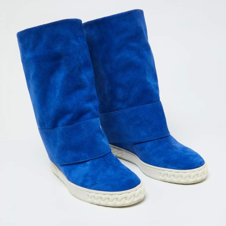 Pre Owned Casadei Blue Suede Wedge Mid Calf Boots Size 40