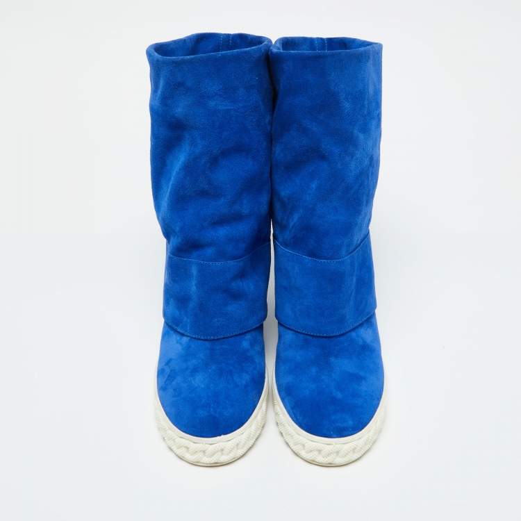 Pre Owned Casadei Blue Suede Wedge Mid Calf Boots Size 40