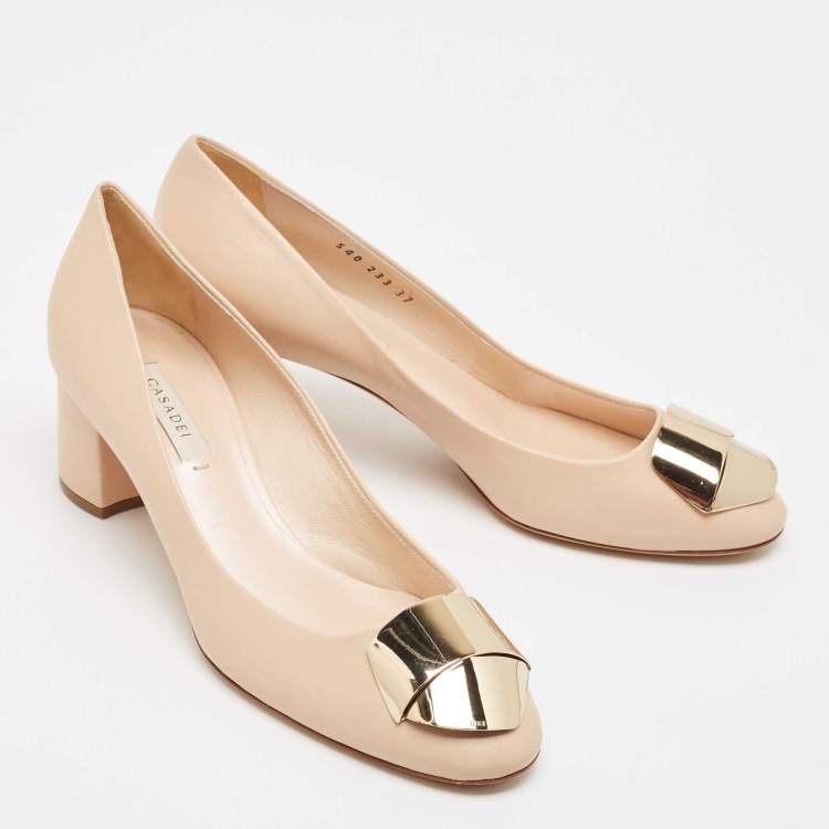 Pre Owned Casadei Beige Leather Block Heel Pumps Size 37