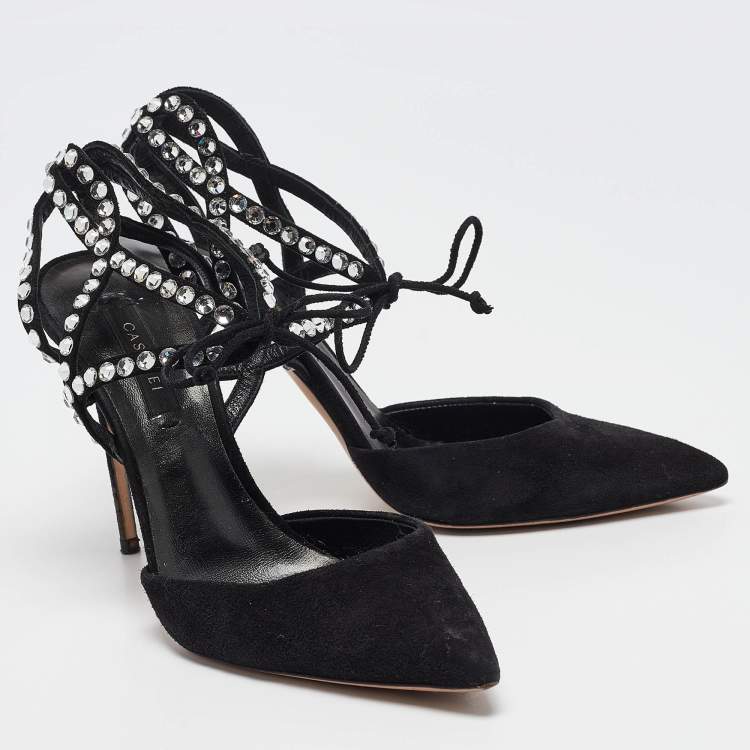 Pre Owned Casadei Black Suede Crystal Embellished Ankle Strap Pumps Size 37