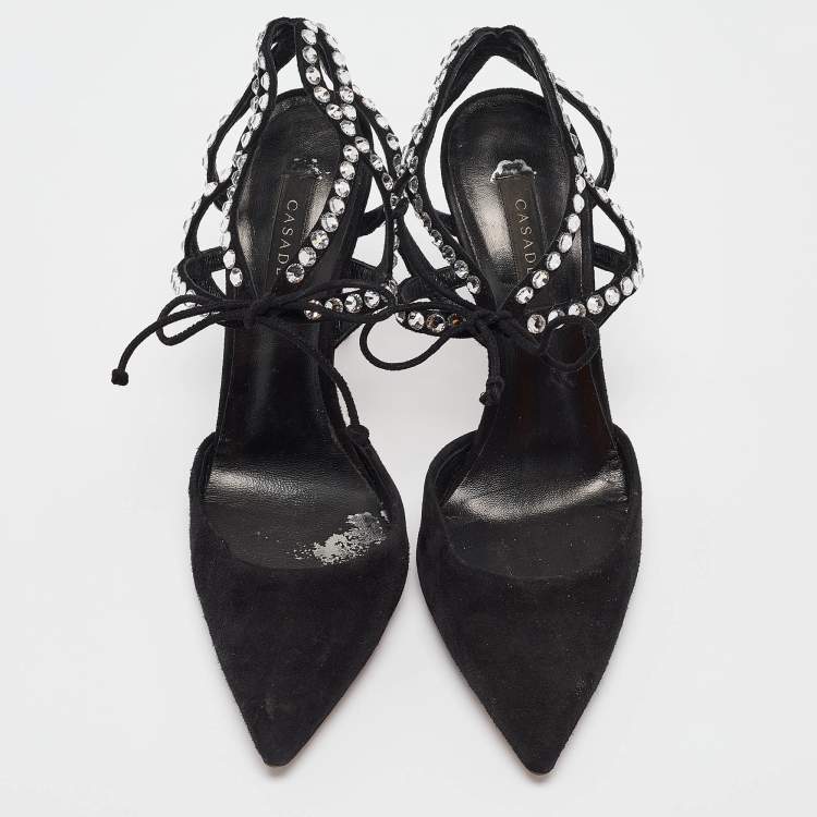 Pre Owned Casadei Black Suede Crystal Embellished Ankle Strap Pumps Size 37