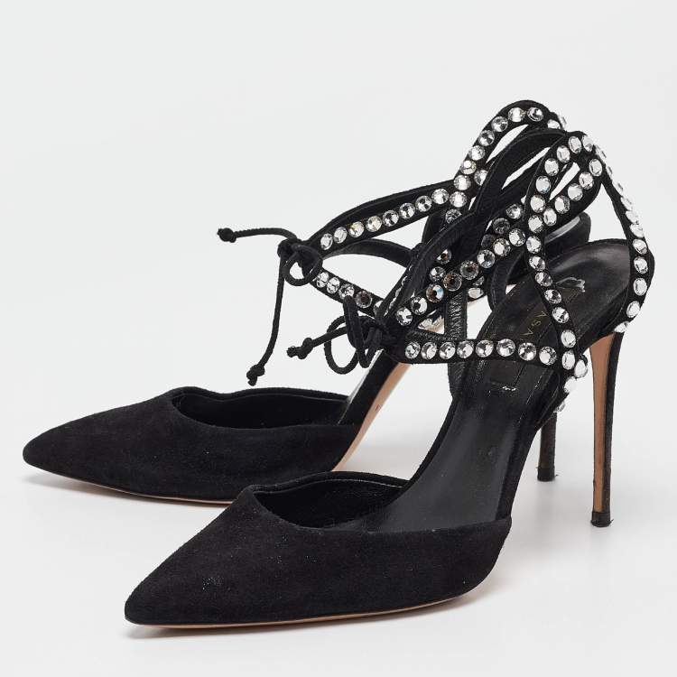 Pre Owned Casadei Black Suede Crystal Embellished Ankle Strap Pumps Size 37