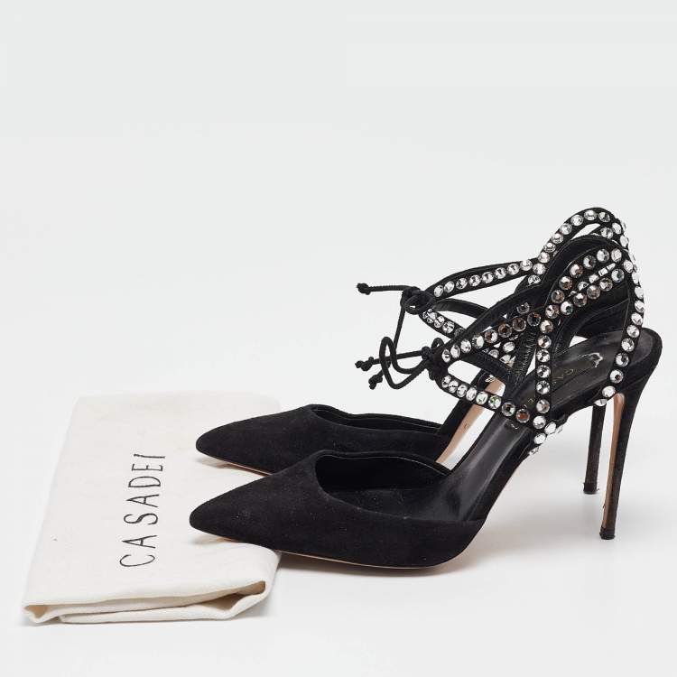 Pre Owned Casadei Black Suede Crystal Embellished Ankle Strap Pumps Size 37