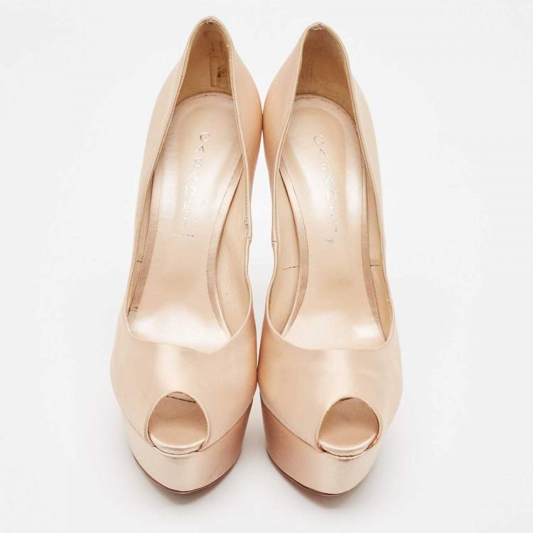 Pre Owned Casadei Beige Satin Platform Peep Toe Pumps Size 41