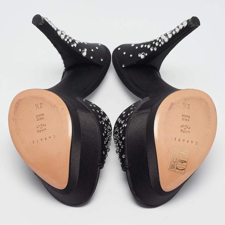 مملوكة مسبقًا Casadei Black Satin Crystal Embellished Slide Sandals Size 39.5
