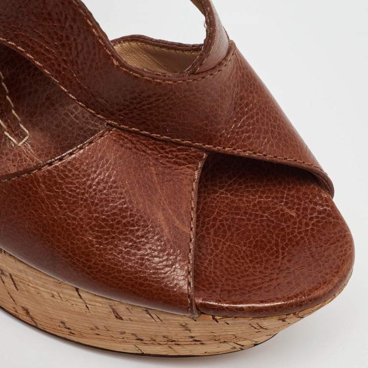 Pre Owned Casadei Brown Leather Wedge Sandals Size 40