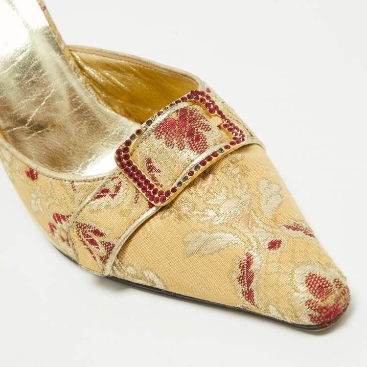 Pre Owned Casadei Gold Floral Embroidered Fabric Mules Size 36.5