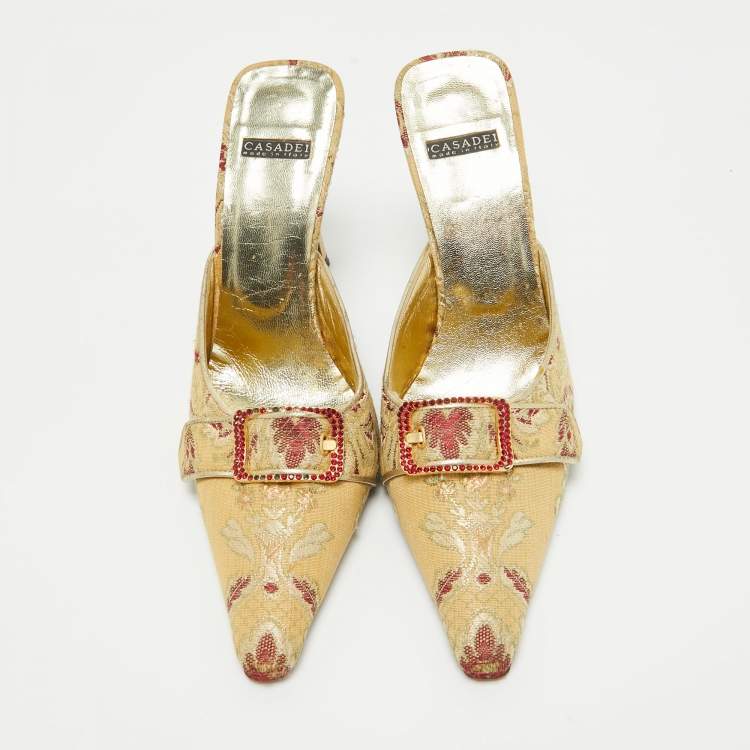 Pre Owned Casadei Gold Floral Embroidered Fabric Mules Size 36.5