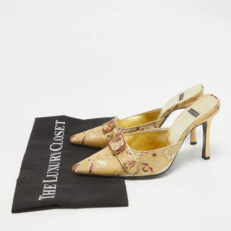 Pre Owned Casadei Gold Floral Embroidered Fabric Mules Size 36.5
