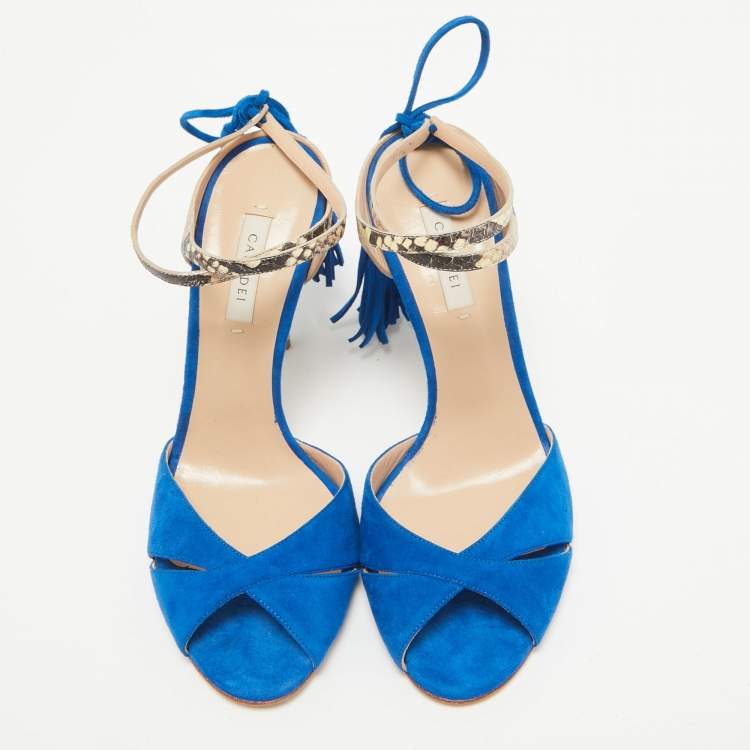Pre Owned Casadei Blue Python Embossed Leather and Suede Tassel Ankle Strap Sandals Size 39.5