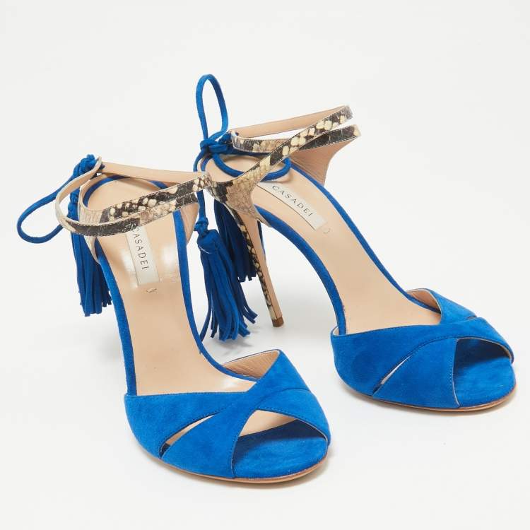 Pre Owned Casadei Blue Python Embossed Leather and Suede Tassel Ankle Strap Sandals Size 39.5