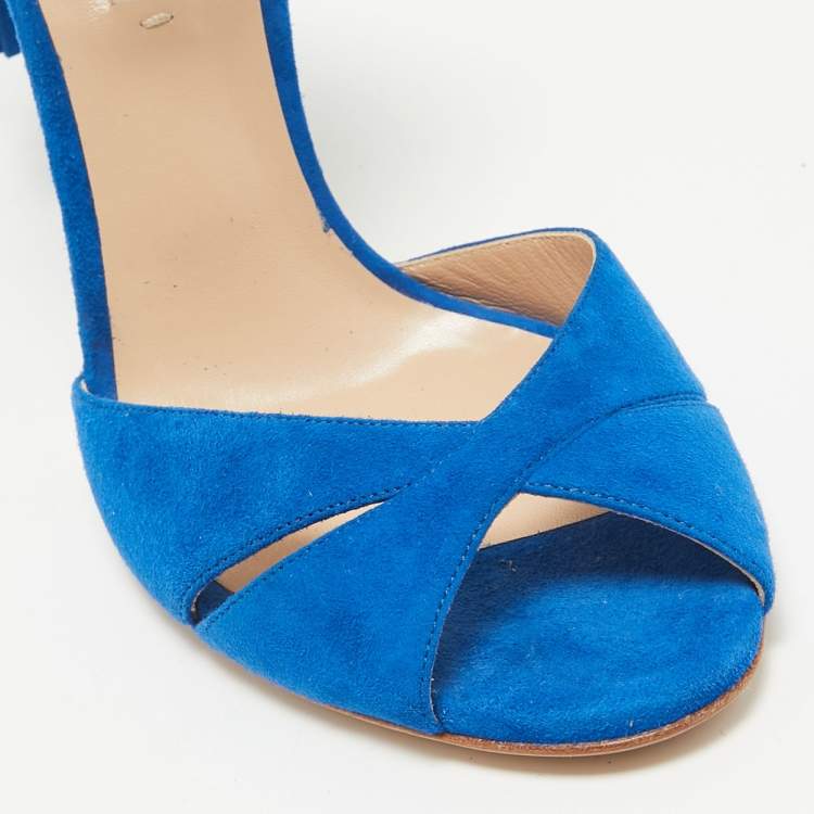 Pre Owned Casadei Blue Python Embossed Leather and Suede Tassel Ankle Strap Sandals Size 39.5
