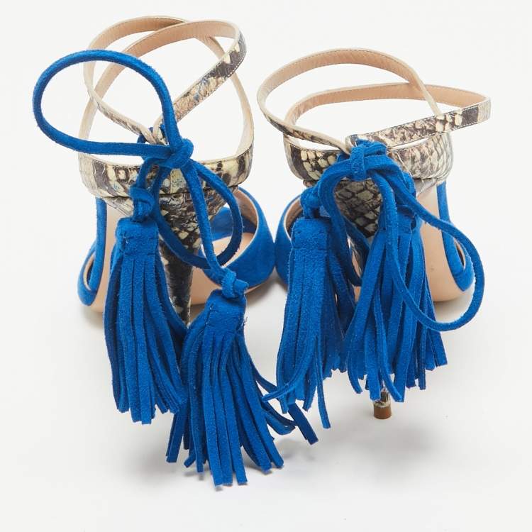 Pre Owned Casadei Blue Python Embossed Leather and Suede Tassel Ankle Strap Sandals Size 39.5