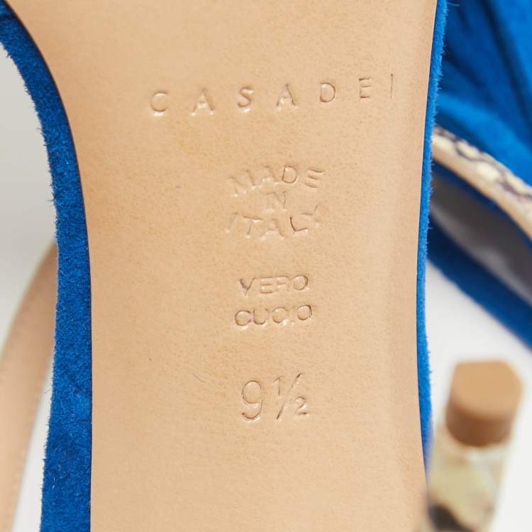 Pre Owned Casadei Blue Python Embossed Leather and Suede Tassel Ankle Strap Sandals Size 39.5