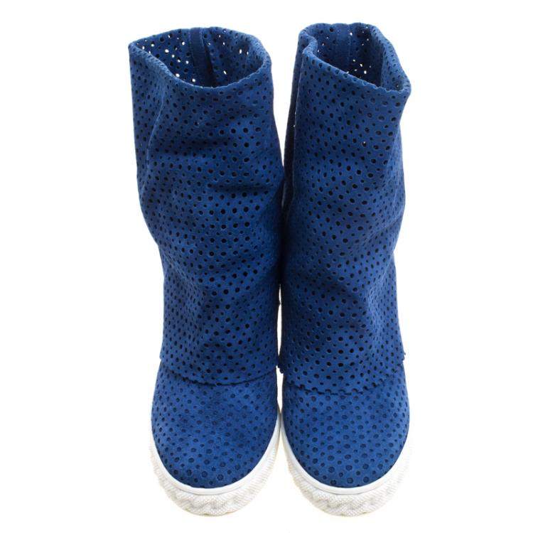 Pre Owned Casadei Cobalt Blue Perforated Suede Wedge Boots Size 36