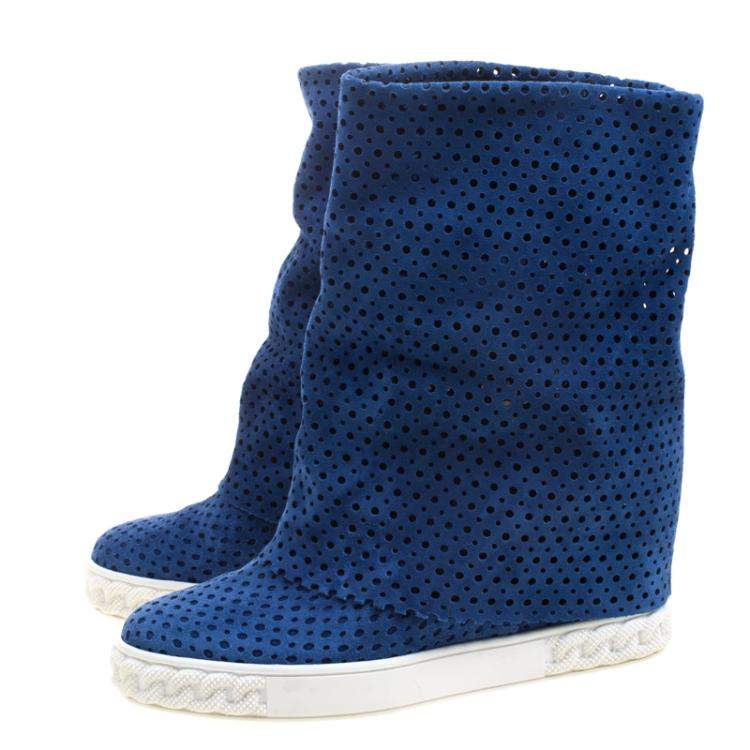 Pre Owned Casadei Cobalt Blue Perforated Suede Wedge Boots Size 36