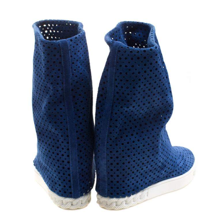 Pre Owned Casadei Cobalt Blue Perforated Suede Wedge Boots Size 36