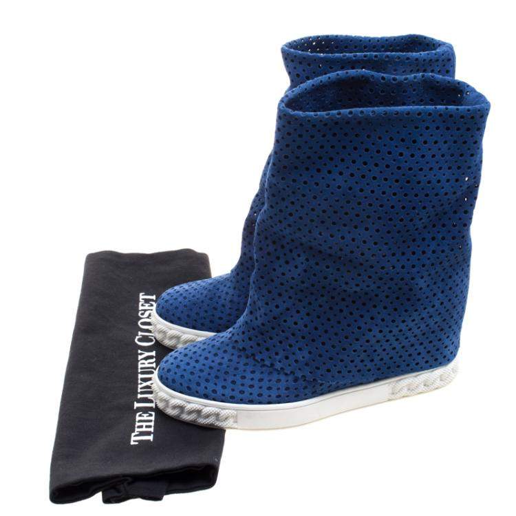 Pre Owned Casadei Cobalt Blue Perforated Suede Wedge Boots Size 36