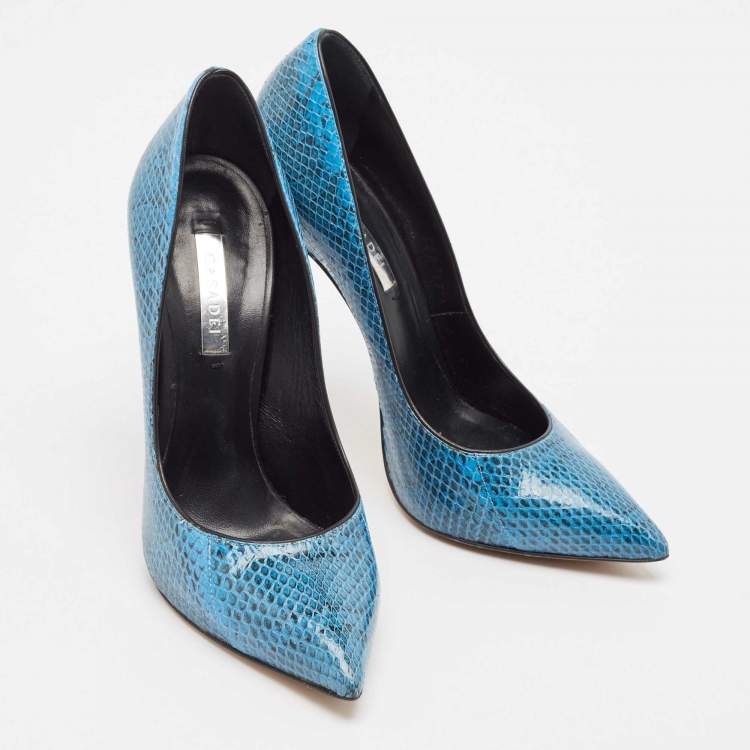 Pre Owned Casadei Blue/Black Python Leather Pointed Pumps Size 37