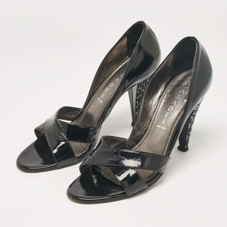 Pre Owned Casadei Black Patent Leather Crystal Embellished Heel Open Toe Pumps Size 38