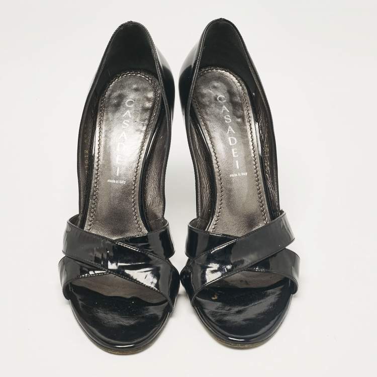 Pre Owned Casadei Black Patent Leather Crystal Embellished Heel Open Toe Pumps Size 38