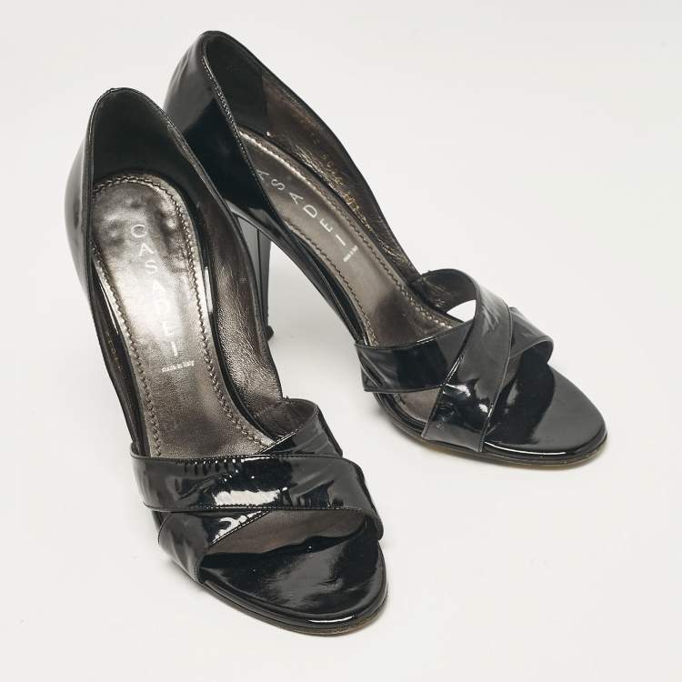 Pre Owned Casadei Black Patent Leather Crystal Embellished Heel Open Toe Pumps Size 38