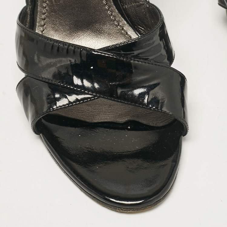 Pre Owned Casadei Black Patent Leather Crystal Embellished Heel Open Toe Pumps Size 38