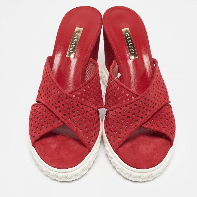 Pre Owned Casadei Red Suede Wedge Sandals Size 39