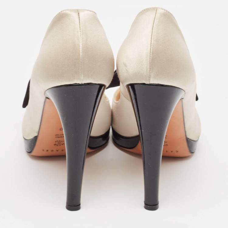 Pre Owned Casadei Beige/Black Satin Crystal Bow Peep Toe Pumps Size 39