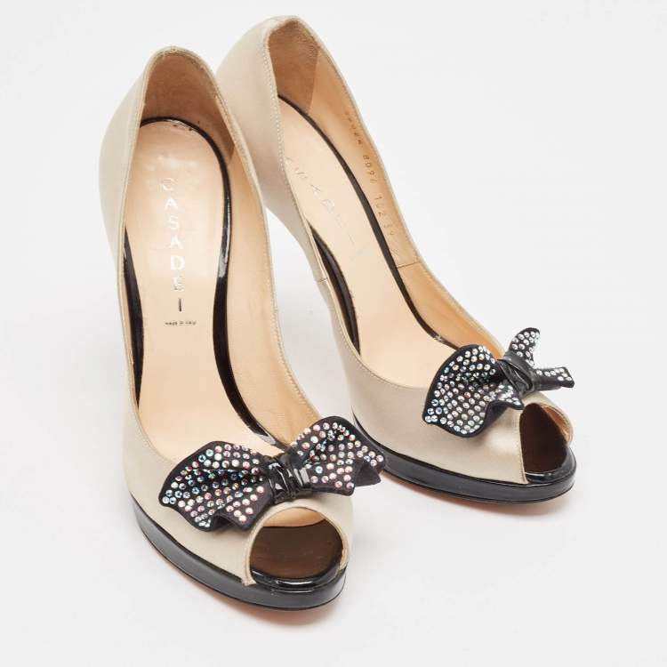 Pre Owned Casadei Beige/Black Satin Crystal Bow Peep Toe Pumps Size 39