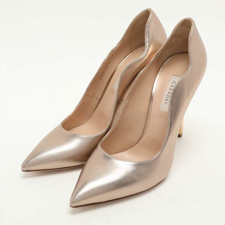 Pre Owned Casadei Metallic Rose Gold Leather Pointed Toe Pumps Size 38