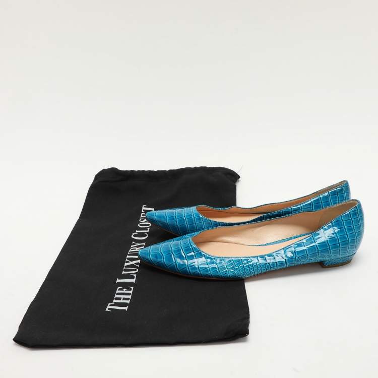 Pre Owned Casadei Blue Croc Embossed Patent Leather Ballet Flats 37.5