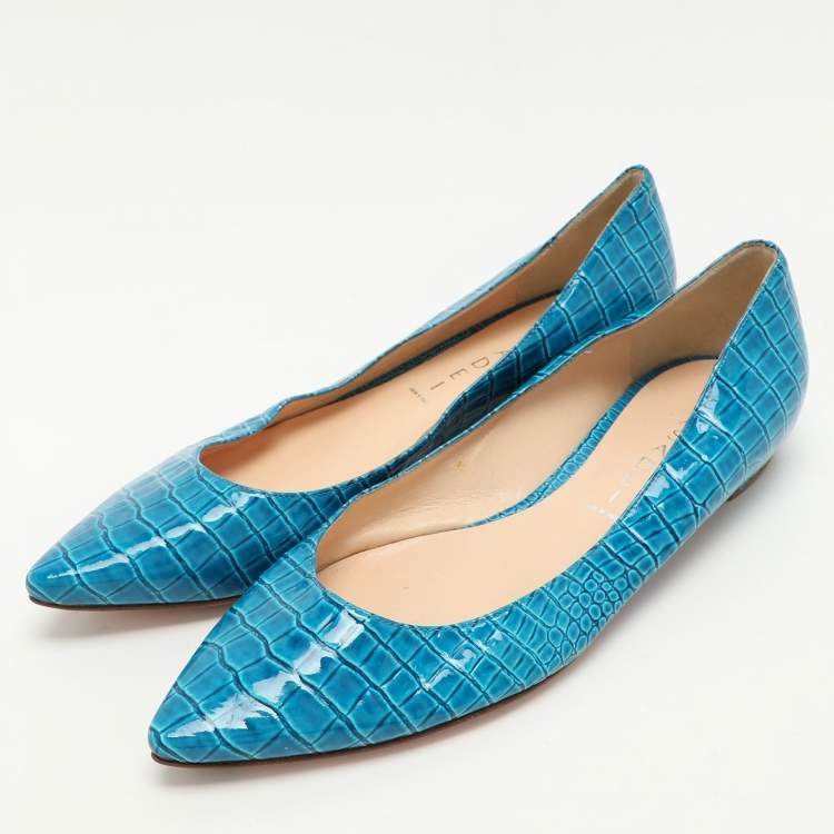 Pre Owned Casadei Blue Croc Embossed Patent Leather Ballet Flats 37.5