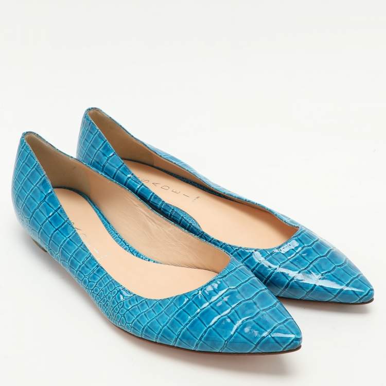 Pre Owned Casadei Blue Croc Embossed Patent Leather Ballet Flats 37.5