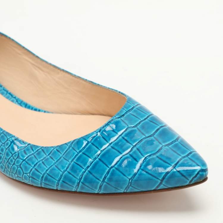 Pre Owned Casadei Blue Croc Embossed Patent Leather Ballet Flats 37.5