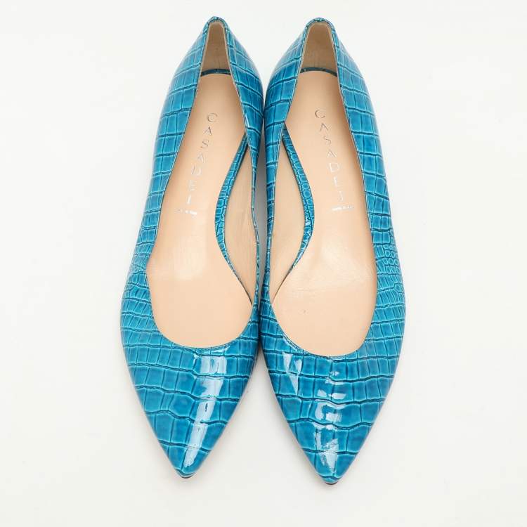 Pre Owned Casadei Blue Croc Embossed Patent Leather Ballet Flats 37.5