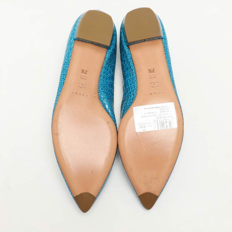 Pre Owned Casadei Blue Croc Embossed Patent Leather Ballet Flats 37.5