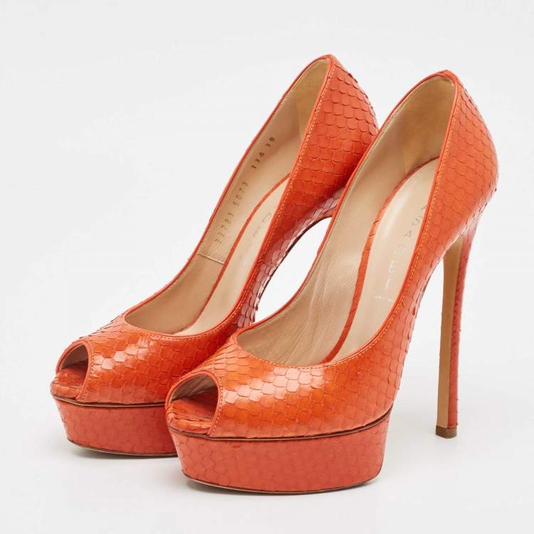 Pre Owned Casadei Orange Python Leather Peep Toe Pumps Size 38