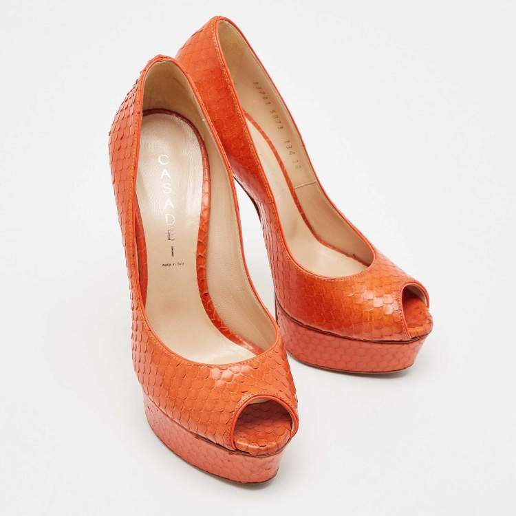 Pre Owned Casadei Orange Python Leather Peep Toe Pumps Size 38