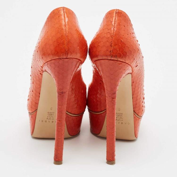 Pre Owned Casadei Orange Python Leather Peep Toe Pumps Size 38